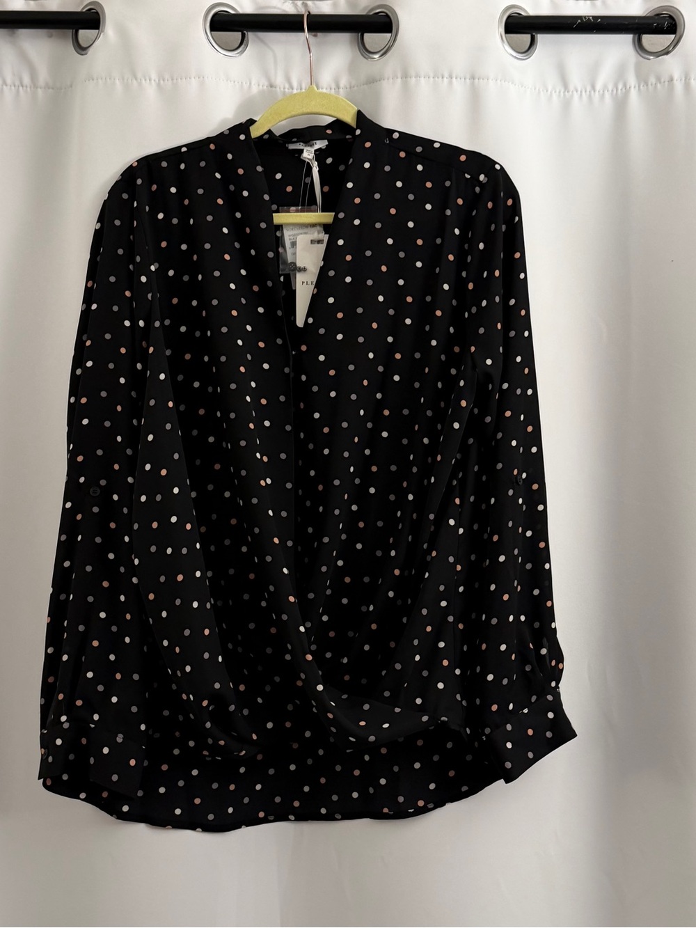 Pleione Black Polka Dot Faux-Wrap Blouse with Pink and White Dots